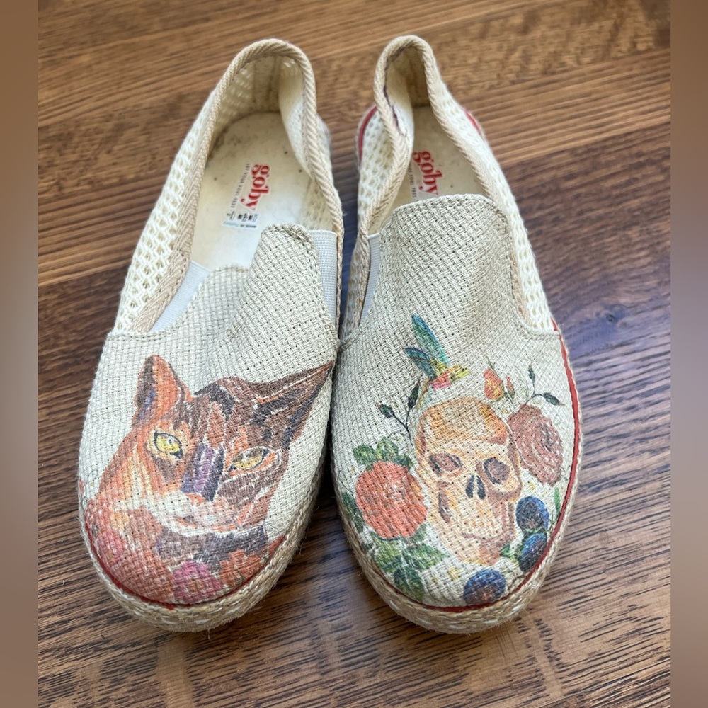 GOBY Espadrille Cat Skull Slip On Shoes‎ Crazy Cat Lady Flats Art to Wear 37
